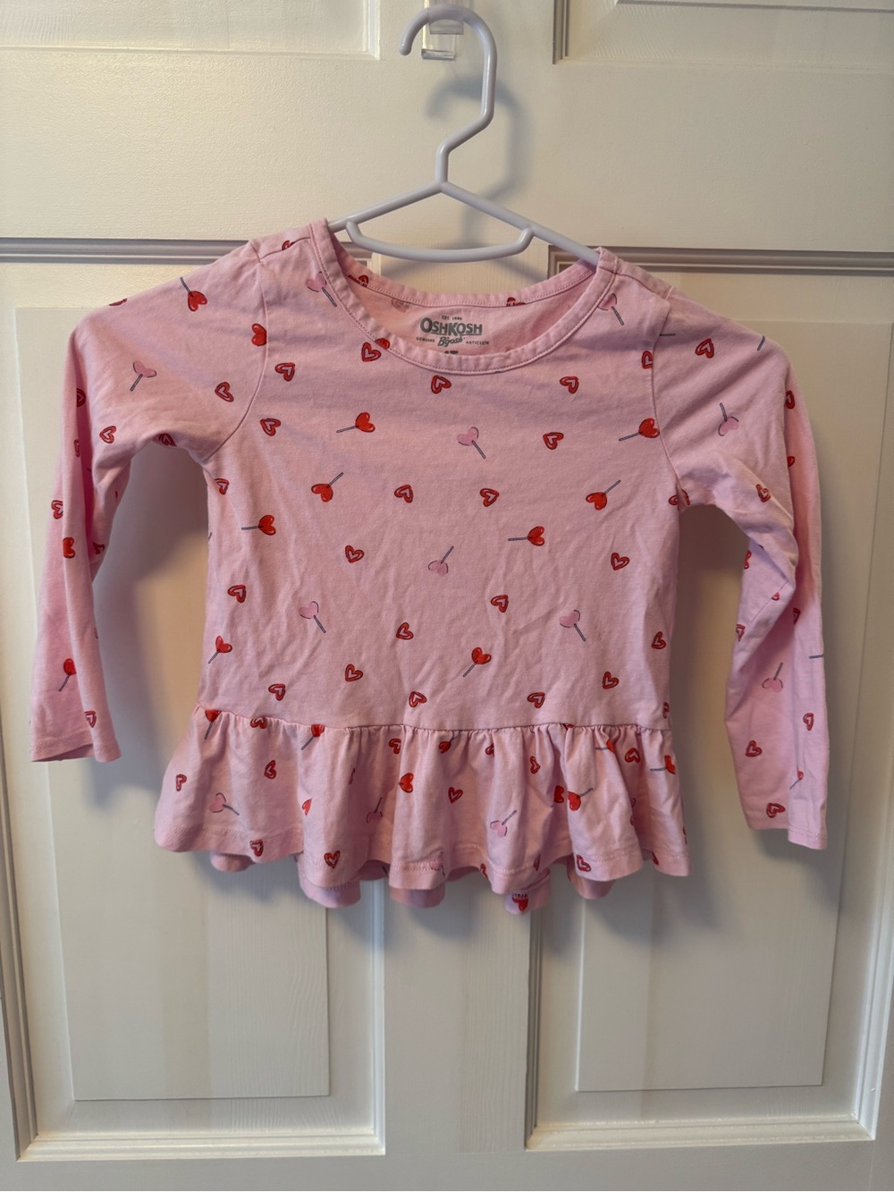 OshKosh B'gosh Pink Long-Sleeve Peplum Top with Red Heart Print